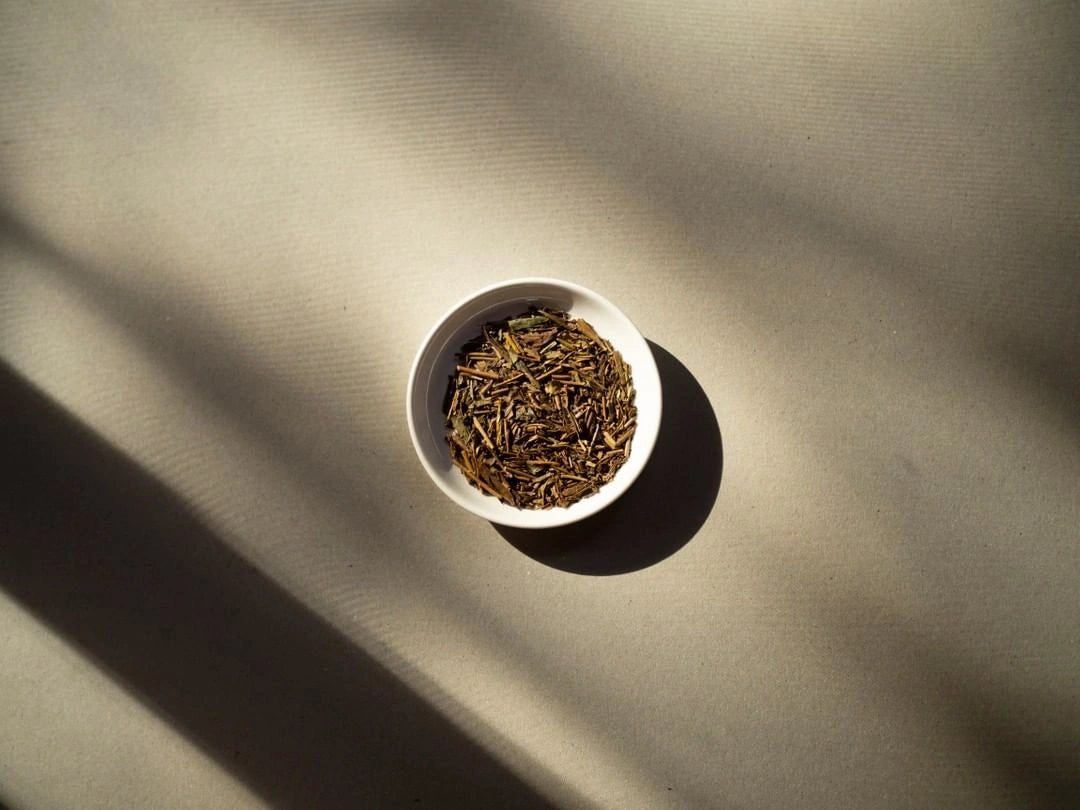 Hojicha en feuilles dans un petit pot blanc sur fond gris